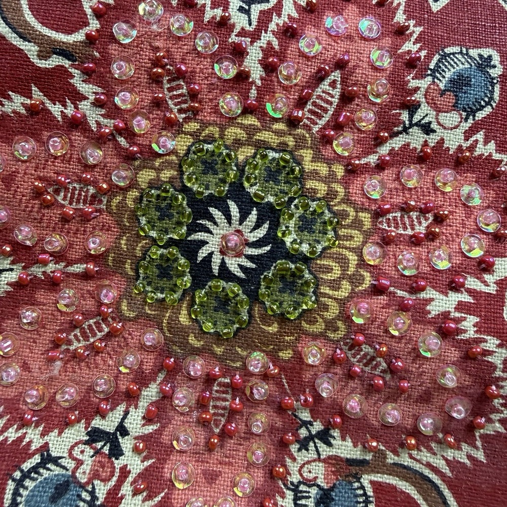 Floral Beaded Canvas Shoulder Bag Red Boho Tapestry Print Zip Top Purse - Picture 3 of 12